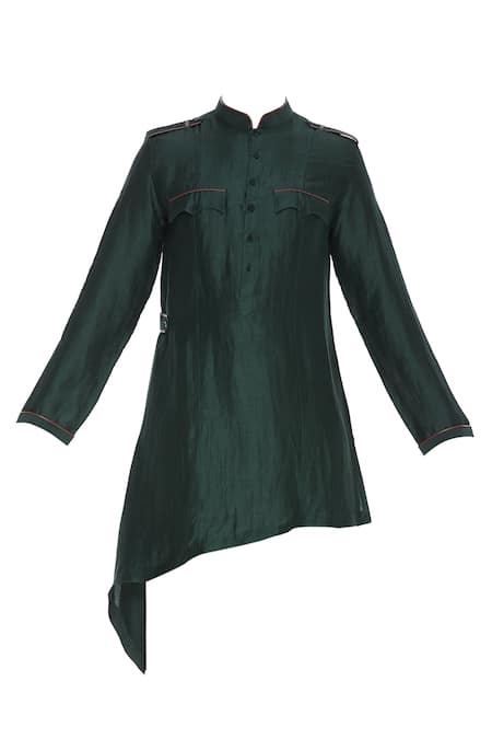 Buy_Aqube By Amber_Green Asymmetric Pathani Kurta_Online_at_Aza_Fashions