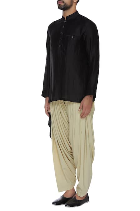 Aqube By Amber_Black Linen Satin Embroidered Floral Asymmetric Kurta_Online_at_Aza_Fashions