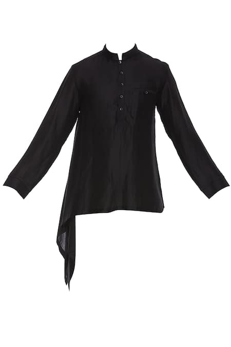 Buy_Aqube By Amber_Black Linen Satin Embroidered Floral Asymmetric Kurta_Online_at_Aza_Fashions