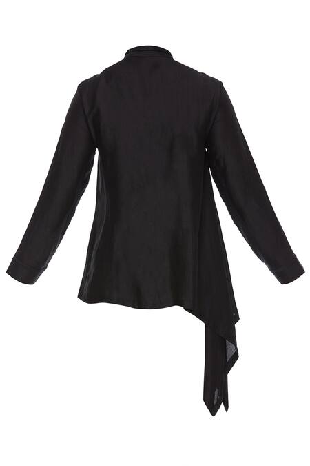 Shop_Aqube By Amber_Black Linen Satin Embroidered Floral Asymmetric Kurta_Online_at_Aza_Fashions