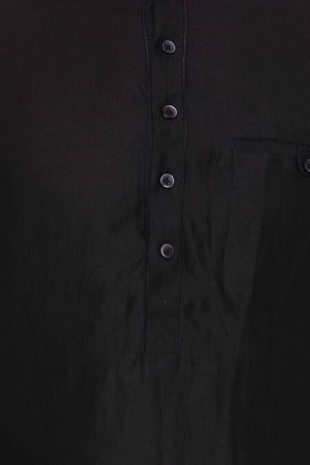 Aqube By Amber_Black Linen Satin Embroidered Floral Asymmetric Kurta_at_Aza_Fashions