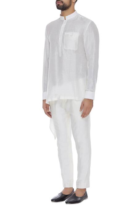 Aqube By Amber_White Linen Satin Embroidered Floral Asymmetric Short Kurta_Online_at_Aza_Fashions
