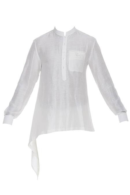 Buy_Aqube By Amber_White Linen Satin Embroidered Floral Asymmetric Short Kurta_Online_at_Aza_Fashions