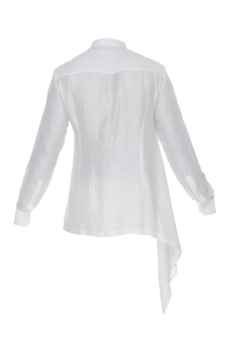 Shop_Aqube By Amber_White Linen Satin Embroidered Floral Asymmetric Short Kurta_Online_at_Aza_Fashions