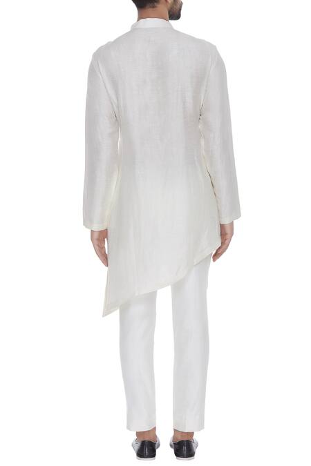 Shop Aqube By Amber Cream Satin Linen Embroidered Floral Asymmetric Kurta at Aza Fashions Shop_Aqube By Amber_Cream Satin Linen Embroidered Floral Asymmetric Kurta_at_Aza_Fashions