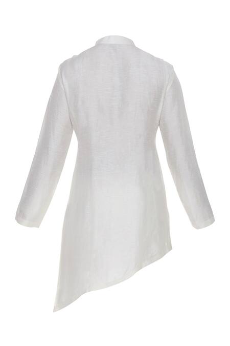 Shop Aqube By Amber Cream Satin Linen Embroidered Floral Asymmetric Kurta Online at Aza Fashions Shop_Aqube By Amber_Cream Satin Linen Embroidered Floral Asymmetric Kurta_Online_at_Aza_Fashions