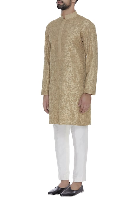 Aqube By Amber_Gold Raw Silk Embroidered Floral Self Kurta_Online_at_Aza_Fashions
