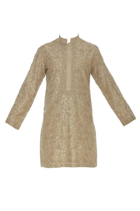 Buy_Aqube By Amber_Gold Raw Silk Embroidered Floral Self Kurta_Online_at_Aza_Fashions