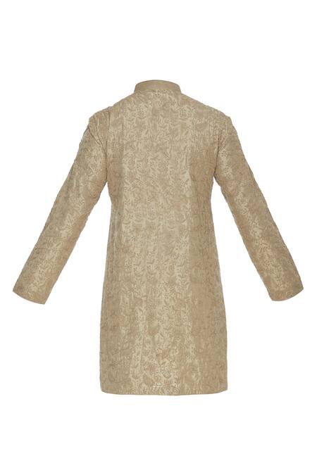 Shop_Aqube By Amber_Gold Raw Silk Embroidered Floral Self Kurta_Online_at_Aza_Fashions