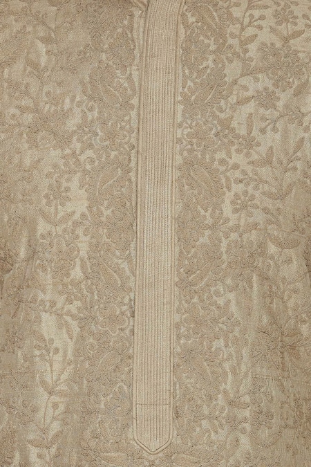 Aqube By Amber_Gold Raw Silk Embroidered Floral Self Kurta_at_Aza_Fashions