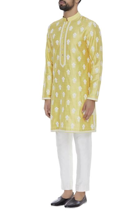 Aqube By Amber_Yellow Raw Silk Embroidered Floral Cord Kurta_Online_at_Aza_Fashions