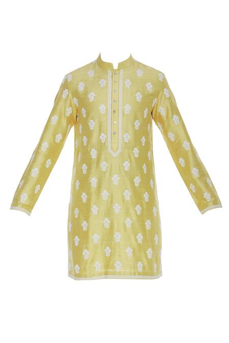 Buy_Aqube By Amber_Yellow Raw Silk Embroidered Floral Cord Kurta_Online_at_Aza_Fashions