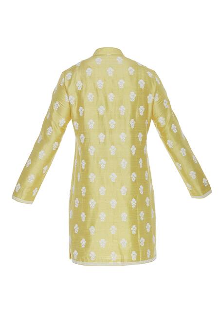 Shop_Aqube By Amber_Yellow Raw Silk Embroidered Floral Cord Kurta_Online_at_Aza_Fashions