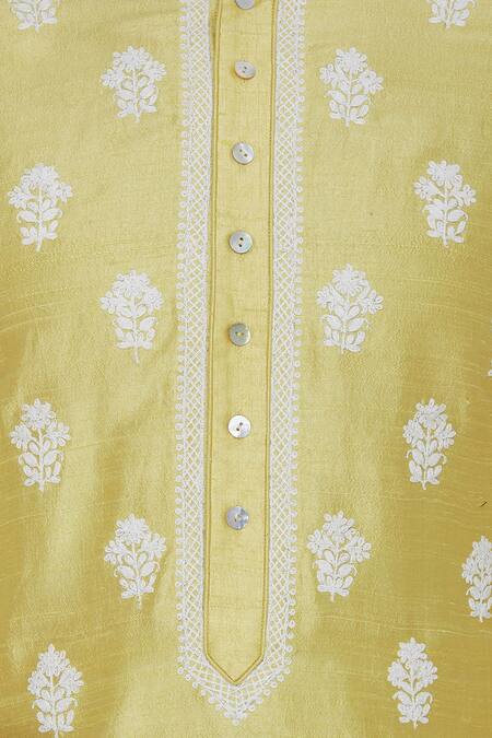 Aqube By Amber_Yellow Raw Silk Embroidered Floral Cord Kurta_at_Aza_Fashions