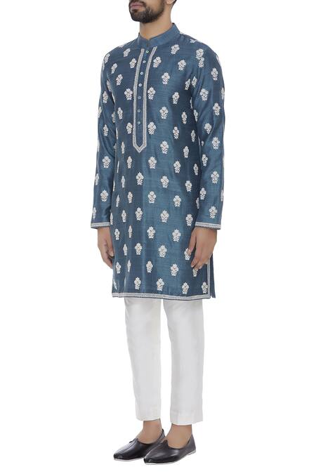 Aqube By Amber_Blue Raw Silk Embroidered Floral Cord Kurta_Online_at_Aza_Fashions