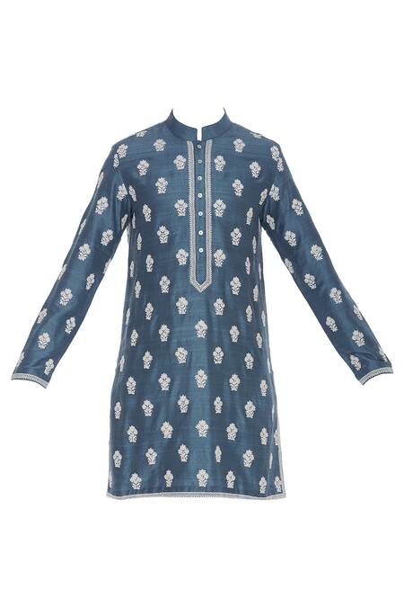 Buy_Aqube By Amber_Blue Raw Silk Embroidered Floral Cord Kurta_Online_at_Aza_Fashions