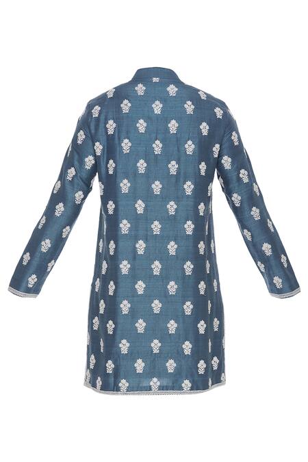 Shop_Aqube By Amber_Blue Raw Silk Embroidered Floral Cord Kurta_Online_at_Aza_Fashions
