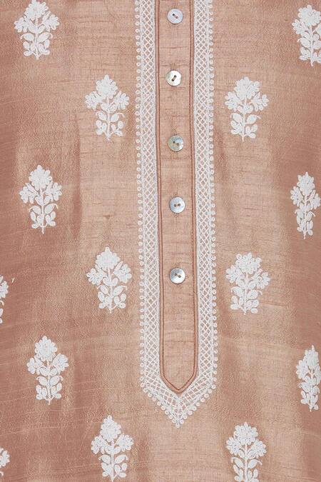 Aqube By Amber_Pink Raw Silk Embroidered Floral Cord Kurta_at_Aza_Fashions