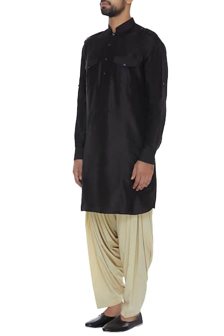 Aqube By Amber Black Silk Pathani Kurta Online at Aza Fashions Aqube By Amber_Black Silk Pathani Kurta_Online_at_Aza_Fashions