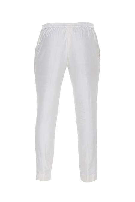Aqube By Amber_White Cotton Silk Embroidered Floral Spun Trousers_Online_at_Aza_Fashions