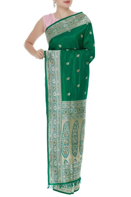 Ohfab_Green Handwoven Saree With Unstitched Blouse_Online_at_Aza_Fashions