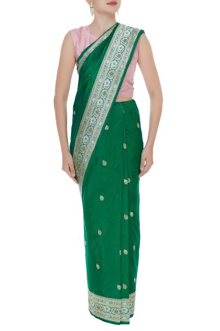 Buy_Ohfab_Green Handwoven Saree With Unstitched Blouse_Online_at_Aza_Fashions