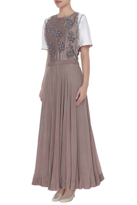 Eclat By Prerika Jalan_Brown Chanderi Silk Embroidered Beads Mandarin Tunic _Online_at_Aza_Fashions