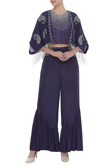 Eclat By Prerika Jalan Bead embroidered crop top with kaftan jacket & pants 