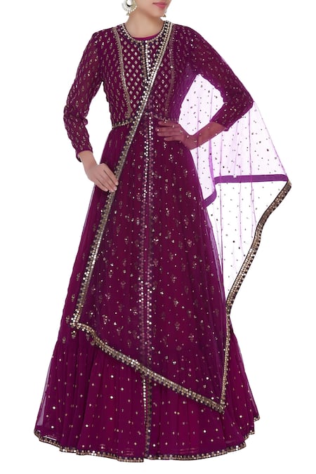 Vvani by Vani Vats Wine Hand Embroidered Anarkali Kurta Set