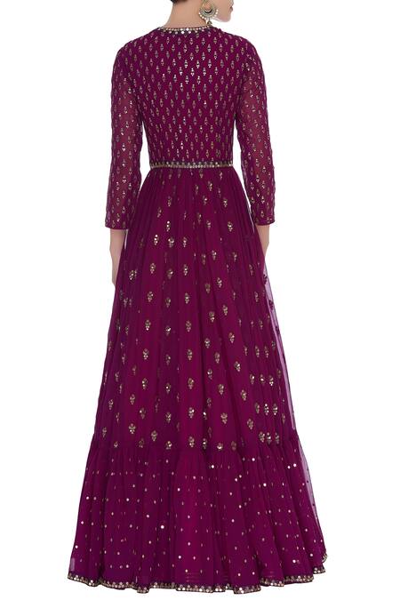 Shop_Vvani By Vani Vats_Wine Hand Embroidered Anarkali Kurta Set_at_Aza_Fashions