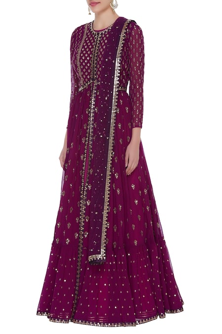 Vvani By Vani Vats_Wine Hand Embroidered Anarkali Kurta Set_Online_at_Aza_Fashions