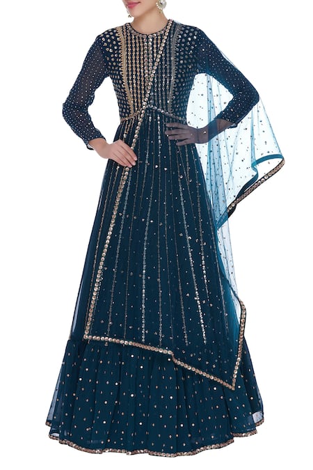 Vvani by Vani Vats Blue Sequin Embroidered Anarkali Kurta With Dupatta