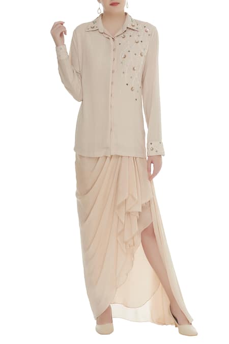 Priyanka Singh Pearl & sequin embroidered shirt with draped skirt 