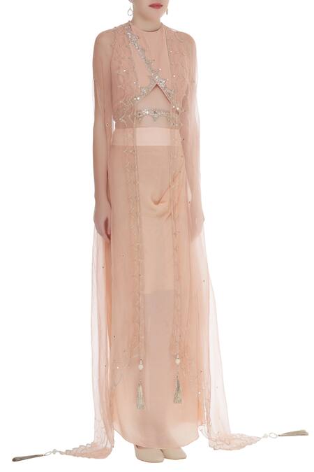 Priyanka Singh_Peach Crepe Embroidered Sequin Wrap Top With Draped Skirt And Jacket  _Online_at_Aza_Fashions
