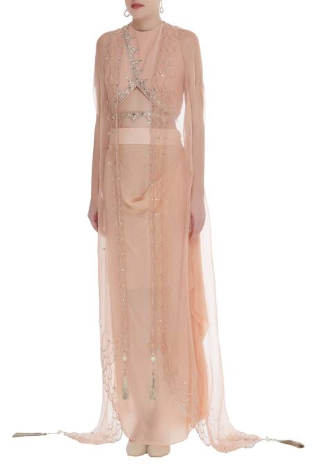 Buy_Priyanka Singh_Peach Crepe Embroidered Sequin Wrap Top With Draped Skirt And Jacket  _Online_at_Aza_Fashions
