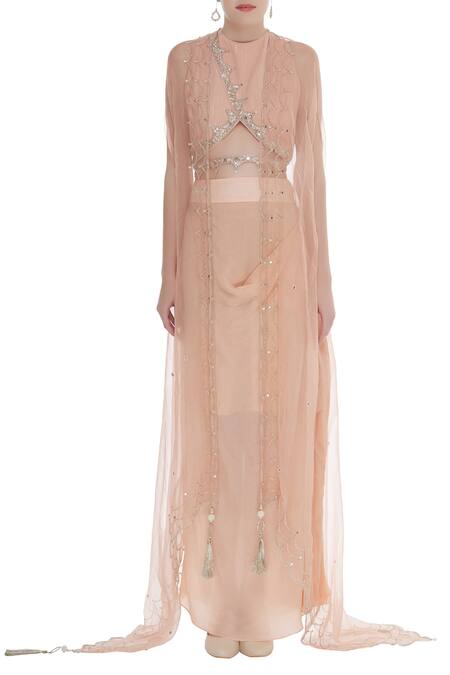 Shop_Priyanka Singh_Peach Crepe Embroidered Sequin Wrap Top With Draped Skirt And Jacket  _Online_at_Aza_Fashions