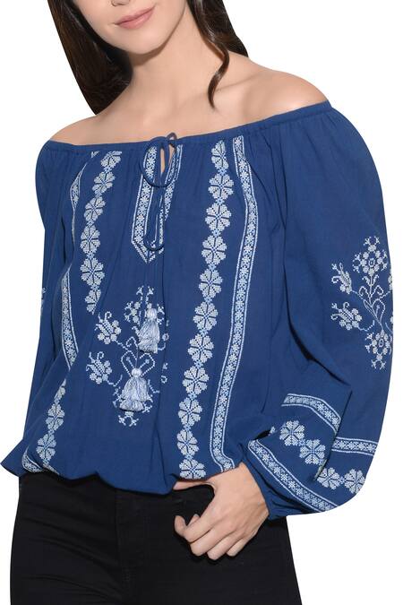 Buy_Umbar_Blue Embroidered Bardot Top _Online_at_Aza_Fashions