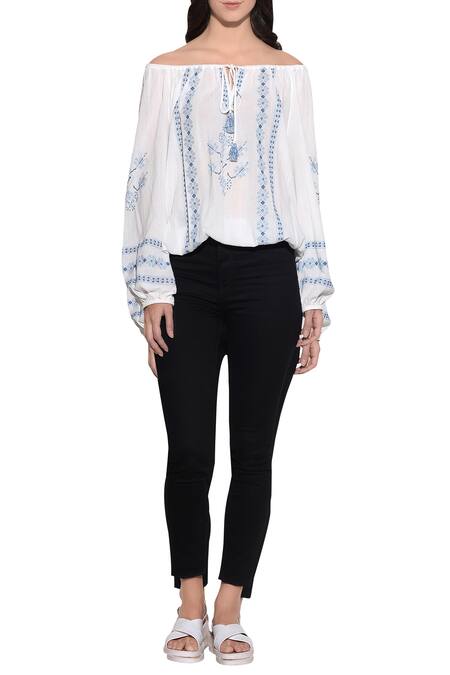 Umbar White Tie-up Neck Embroidered Bardot Top Online at Aza Fashions Umbar_White Tie-up Neck Embroidered Bardot Top_Online_at_Aza_Fashions