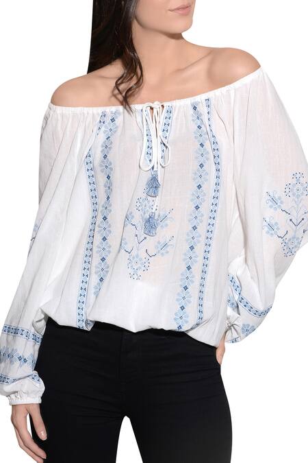 Buy Umbar White Tie-up Neck Embroidered Bardot Top Online at Aza Fashions Buy_Umbar_White Tie-up Neck Embroidered Bardot Top_Online_at_Aza_Fashions