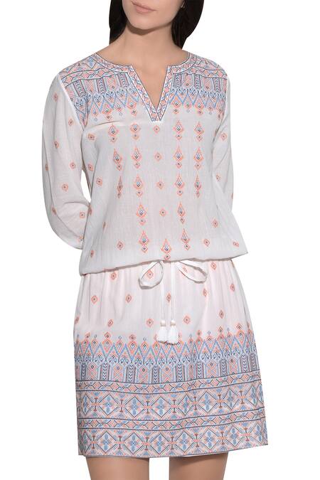 Buy_Umbar_Off White Embroidered Short Dress_Online_at_Aza_Fashions