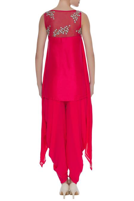 Shop Madzin Red Georgette Silk Floral Motif Embroidered Kurta With Dhoti Pants And Dupatta at Aza Fashions Shop_Madzin_Red Georgette Silk Floral Motif Embroidered Kurta With Dhoti Pants And Dupatta_at_Aza_Fashions