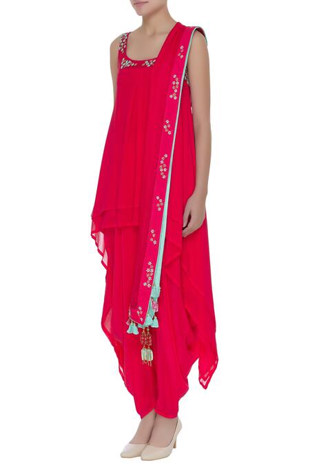 Madzin Red Georgette Silk Floral Motif Embroidered Kurta With Dhoti Pants And Dupatta Online at Aza Fashions Madzin_Red Georgette Silk Floral Motif Embroidered Kurta With Dhoti Pants And Dupatta_Online_at_Aza_Fashions