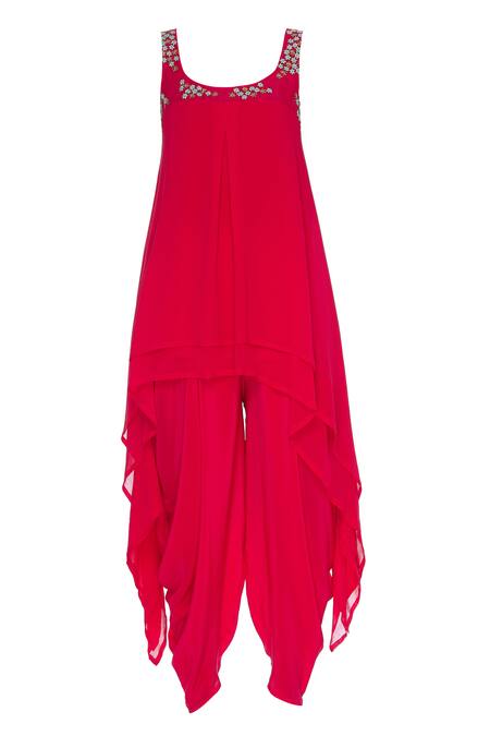 Buy Madzin Red Georgette Silk Floral Motif Embroidered Kurta With Dhoti Pants And Dupatta Online at Aza Fashions Buy_Madzin_Red Georgette Silk Floral Motif Embroidered Kurta With Dhoti Pants And Dupatta_Online_at_Aza_Fashions