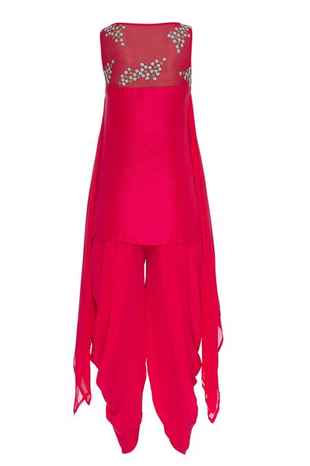 Shop Madzin Red Georgette Silk Floral Motif Embroidered Kurta With Dhoti Pants And Dupatta Online at Aza Fashions Shop_Madzin_Red Georgette Silk Floral Motif Embroidered Kurta With Dhoti Pants And Dupatta_Online_at_Aza_Fashions