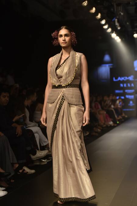 Shop_Sva By Sonam & Paras Modi_Beige Tissue Embroidered Beads Mandarin Embellished Saree With Jacket Blouse_at_Aza_Fashions