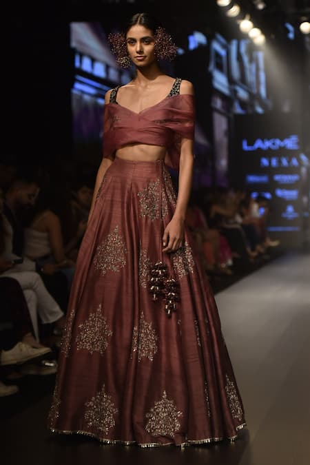 SVA by Sonam & Paras Modi Purple Raw Silk Embroidered Beads Embellished Lehenga With Bow Blouse  