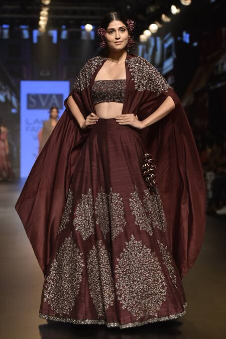 Shop_Sva By Sonam & Paras Modi_Purple Raw Silk Embroidered Beads Embellished Lehenga With Long Cape And Bustier_at_Aza_Fashions