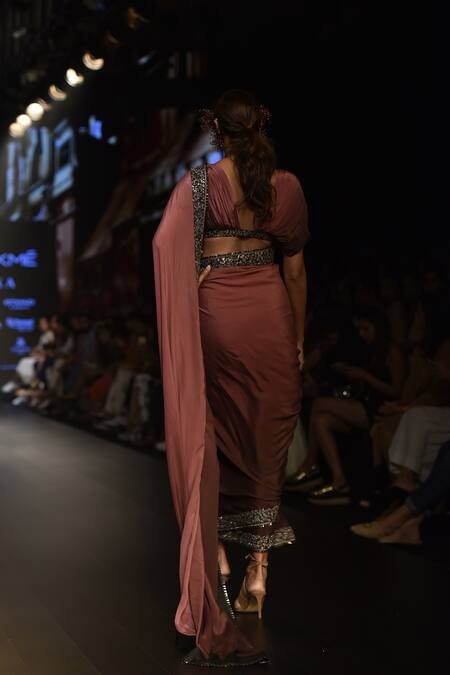 Shop_Sva By Sonam & Paras Modi_Purple Silk Embroidered Beads Mandarin Embellished Saree With Pleated Blouse_at_Aza_Fashions