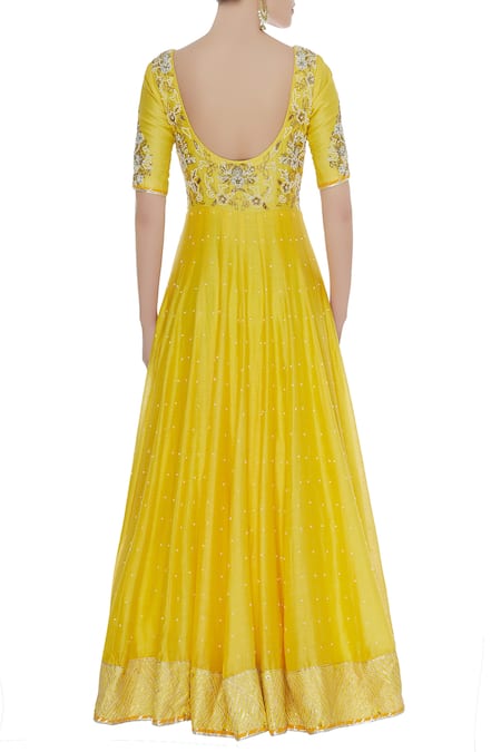 Shop_Neha Khullar_Yellow Chanderi Silk Embroidered Thread Mandarin Anarkali Kurta With Dupatta _at_Aza_Fashions
