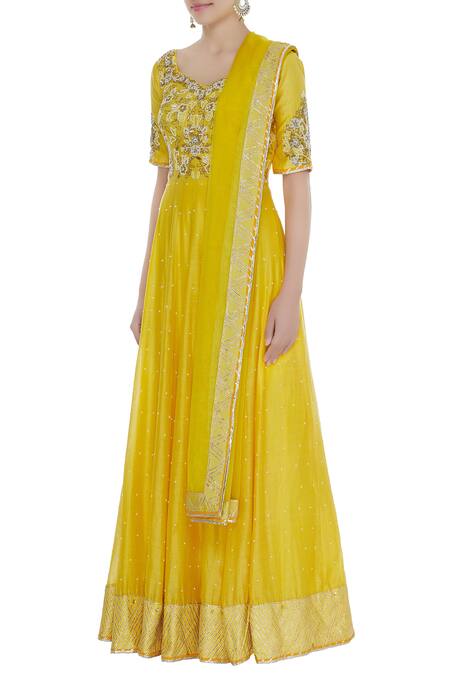 Neha Khullar_Yellow Chanderi Silk Embroidered Thread Mandarin Anarkali Kurta With Dupatta _Online_at_Aza_Fashions